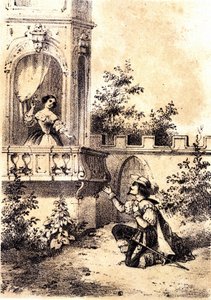 Illustration av låten "The King made the drum beat"": en man som förklarar sin kärlek till en kvinna vid hans fönster. sd. av Unknown artist