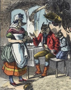 Illustration av berättelsen "God mamma får"". I "" Sagor från hemmet för de minsta"". Anonym gravyr från 1800-talet. av Unknown artist