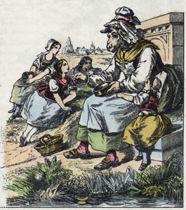 Illustration av berättelsen "God mamma får"". I "" Sagor från hemmet för de minsta"". Anonym gravyr från 1800-talet. av Unknown artist