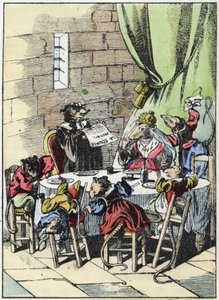 Illustration av berättelsen "Den fruktansvärda Raminagrobis och mössen""" karaktär ritar fabler av Jean de la Fontaine. I "" Sagor från hemmet för de minsta"". Anonym gravyr från 1800-talet. av Unknown artist