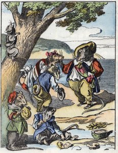Illustration av berättelsen "Den fruktansvärda Raminagrobis och mössen""" karaktär ritar fabler av Jean de la Fontaine. I "" Sagor från hemmet för de minsta"". Anonym gravyr från 1800-talet. av Unknown artist