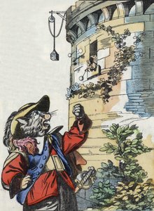 Illustration av berättelsen "Den fruktansvärda Raminagrobis och mössen""" karaktär ritar fabler av Jean de la Fontaine. I "" Sagor från hemmet för de minsta"". Anonym gravyr från 1800-talet. av Unknown artist