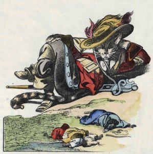 Illustration av berättelsen "Den fruktansvärda Raminagrobis och mössen""" karaktär ritar fabler av Jean de la Fontaine. I "" Sagor från hemmet för de minsta"". Anonym gravyr från 1800-talet. av Unknown artist
