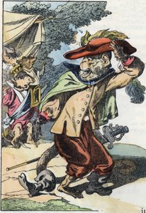 Illustration av berättelsen "Den fruktansvärda Raminagrobis och mössen""" karaktär ritar fabler av Jean de la Fontaine. I "" Sagor från hemmet för de minsta"". Anonym gravyr från 1800-talet. av Unknown artist