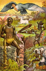 Illustration med imaginära monster från Afrika med titeln "" Afrikansk vidskepelse illustrerad"" (cyklop, enhörning...), cirka 1889. av Unknown artist