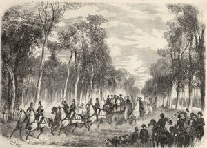 Imperialistisk jakt i Compiegne i närvaro av Napoleon III (1808-1873) och Imperatrice Eugenie (1826-1920). Gravyr i ”Le Monde illustrious”” från 1857. Privat samling. av Unknown artist