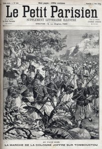 I de franska kolonierna: marschen av general Joseph Joffres kolumn (1852-1931) och hans armé av spahis mot Timbuktu (Mali). Gravyr i "" Le Parisien"" av Unknown artist