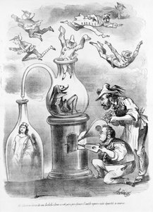 I associerade Garibaldi e Cavours alkemilaboratorium ser vi gradvis skingra den onödiga ångan (representerad av maskerna i de italienska regionerna), och förblir substansen (Italien) karikatyren i den satiriska tidningen Il Fischietto av Unknown artist