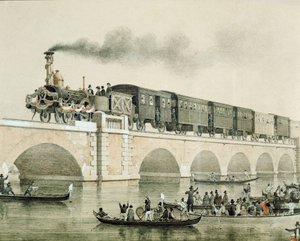 Invigning av bron över lagunen i Venedig för att förbinda staden med kontinenten (Litografi av Unknown artist