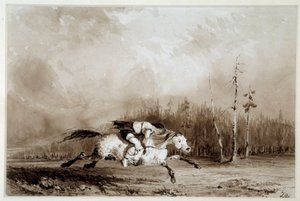 Indian of America: "" En häst i galopp som bär en man bunden"" Anonym teckning. 1800-talets La Rochelle, Musee du Nouveau Monde av Unknown artist