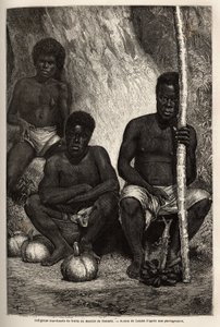 Indigenes frukthandlare, på marknaden i Noumea (Nya Kaledonien). Gravyr för att illustrera resan till Nya Kaledonien från 1863 till 1866, av Jules Garnier, civilingenjör för gruvor, i "Le tour du monde, nouveau journal des voyages" publicerad under den för av Unknown artist