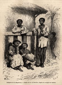 Ursprungsbefolkningen i Magdalena (floderna), på gatorna i staden Mompox (Colombia). Gravyr för att illustrera resan till New Granada, av Dr. Saffray, 1869, publicerad i "" Le tour du monde""" 1872, redigerad av Edouard Charton, upplaga Hachette, av Unknown artist