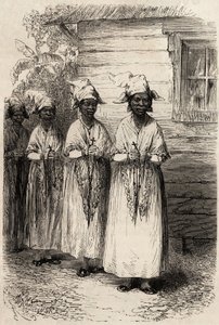 Ursprungskvinnor i Guyana, vid den katolska processionen av Fete Dieu. Gravyr för att illustrera resan i Franska Guyana 1862-1863, av Frederic Bouyer, kapten på fregatt, i "" Le tour du monde, nouveau journal des voyages", publicerad under dir. av Unknown artist