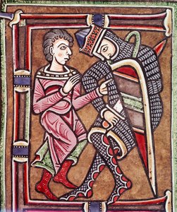 Inledande bokstav E med David och Uria, make till Batseba (miniatyr av Unknown artist