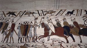 Intendant Wadard (till häst) och Guillaumes truppmän - Bayeux-tapet, känd som Broderi av drottning Mathilde av Unknown artist