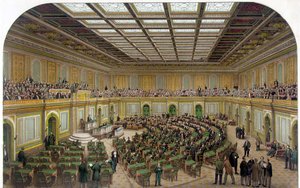 Interiörvy av representanthuset i US Capitol som visar kongressen i session och åskådarna i galleriet - Gravyr 1866. av Unknown artist