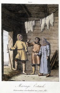 Förmedlare som prutar en ung flicka för ett bröllop Ostiak (Khanty eller Khante) (paleosibirisk jägarestam etablerad i skogsområdet i den mellersta Ob-dalen). av Unknown artist