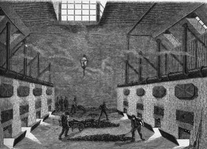 Invändig vy av en gasfabrik. Gravyr från 1860-1861. av Unknown artist
