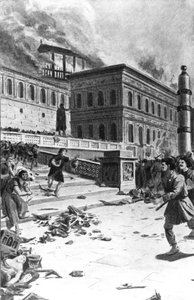 Invasion och plundring av Rom av Alarik I, visigoternas kung, 410 (Sac of Rome). Gravyr 1800-talet. av Unknown artist