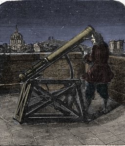 Isaac Newton (1642-1727) engelsk fysiker som använder sitt teleskop. av Unknown artist