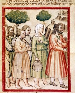 Isaac och hans familj som lider av hungersnöd emigrerar till kung Abimelechs länder Miniature från codex 212 (eller padovano codice eller Bible of Padua) 1390-1400 Rovigo, Accademia dei Concordi av Unknown artist