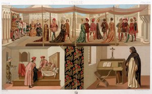 Italienska dräkter från 1400-talet. I "" Den historiska kostymen"" av A. Racinet av Unknown artist