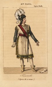 Italienska sopransångerskan Giuditta Pasta i huvudrollen som Tancredi i operan med samma namn av Gioachino Rossini framförd på Opera Buffa, Paris av Unknown artist