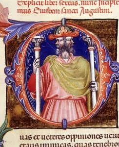 Janus, romersk gudom, två motsatta ansikten - från ett manuskript av "De civitate dei" av Saint Augustine, tidigt 1400-tal. Kommunal Bibl. av Rimini. av Unknown artist