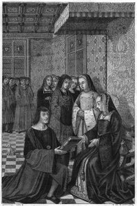 Jean Marot, poet (1463-1526), erbjuder en diktvolym till drottning Anne av Frankrike. Gravyr av 1800-talet. av Unknown artist