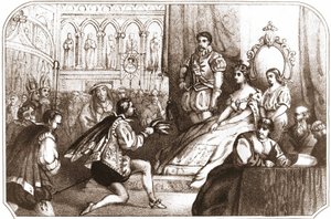 Jean Nicot presenterar tobaksplantan för Catherine de Medicis (Caterina de Medici) och Grand Prior i House of Lorraine. Litografi från 1500-talet omkring 1868. av Unknown artist