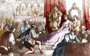 Jean Nicot presenterar tobaksplantan för Catherine de Medicis (Caterina de medici) och till Grand Prior i House of Lorraine. 1500-talet. Gravyr av 1800-talet av Unknown artist