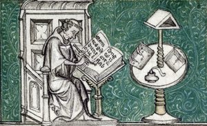 Jean de Meun komponerar romanen om rosen, ca 1380 (miniatyr) av Unknown artist