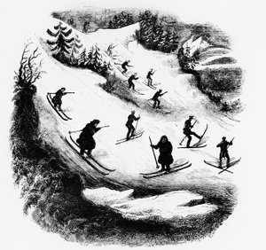 Jeux du Nord: skidåkare nerför ett spår - gravyr, sent 1800-tal. av Unknown artist