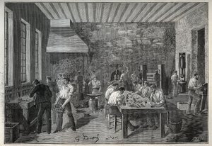 Smycken: smyckesfabrik i stål. Gravyr från 1885 i "" Les arts et metiers illustres"" av Adolphe BITARD. av Unknown artist