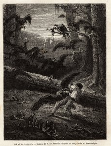Job (redaktörens reskamrat), attackerad av gamar. Gravyr för att illustrera berättelsen Quatre mois en Florida, av M. Pousselgue, 1851-1852, publicerad i "" le tour du monde", under ledning av D