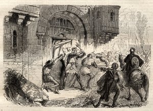 Johannes II Comnenus, bysantinsk kejsare - Kejsaren Johannes II Comnene (1087-1143) i spetsen för grekerna som körde dörren till sitt palats i Konstantinopel - gravyr i "" Illustrous Popular Dictionary"" - 1864 - av Joseph Decembre och Edmond Allonier - av Unknown artist