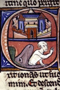 Jona, efter tre dagar och tre nätter tillbringat i magen på en enorm fisk, kräks av djuret. 1300-talsmanuskript. Biblioteca nazionale braidense, Milano. av Unknown artist
