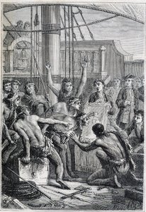 Samuel Wallis (1728-1795) resa till Polynesien: inhemska etonnes vid en spegel - illustration hämtad från "The Great Mariners of the 18th century" av Unknown artist