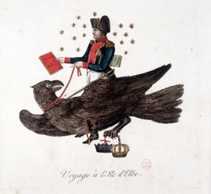 Resa till Elba Island: Napoleon rider på en örn, håller i böckerna om militär värnplikt och masslyft av soldater - i "" Napoleon 1st, karikatyrer, dummysamling"", ca. 1814 av Unknown artist