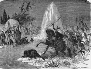 Arabernas glädje vid åsynen av vattenflödet från den artesiska brunnen Sidi-Rached, smidd av fransmännen, i Saharaöknen. I” Album de la Science”, Éditions Jouvet av Unknown artist