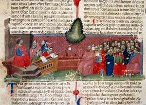 Jules Cesar (101-44 f.Kr.) på tronen Detalj av en manuskriptsida "" Facts of the Romans"" (Ms 1538) ca 1340 Florens, Biblioteca Riccardiana av Unknown artist