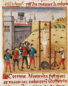 Kung Alexander den Store (356-323 f.Kr.) närvarar vid avrättningen av den ädla Calixten Cephobe genom att hänga""" Miniatyr hämtad från "" Book of Facts of Alexander the Great""" av Quintus Curtius Rufus (1:a århundradet) (ms 1335, fol. 167 v av Unknown artist