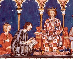 Kung Alfonso X den vise mannen hjälper till med att skriva. Detalj av en miniatyr från Spelens bok av Alfonso X den vise (1221-1284) 1282. St. Lawrence av The Scorial. Kungliga biblioteket i av Unknown artist