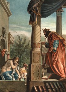 Kung David och Betsabee, hans blivande fru i badet, i "El Culto de la Hermosura" av Juan Justo Huguet, Molinas Hermanos editores av Unknown artist