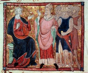 Kung Henrik II av England (1133-1189) tar emot en eveque och soldater Miniatyr från ett 1400-talsmanuskript. Paris, B.N. av Unknown artist