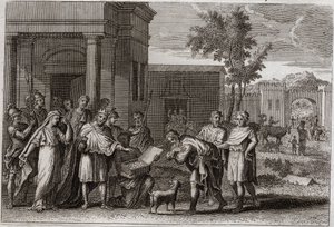 Kingdom Bible, Gamla testamentet: Abimelek straffad av Gud. Abimelek (Abimelek eller Ahimelek eller Ahimelek), kung av Gerar, som med våld tagit Sara (Sarah), Abrahams hustru, men som han trodde var endast hans syster, blir vilseledd av Gud och ger henne t av Unknown artist