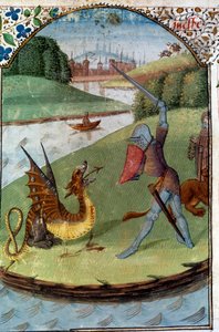 Riddare av det runda bordet: "Lancelot kämpar mot draken"" Manuskriptminiatyr "" Romanen om Lancelot du Lac"" av Unknown artist