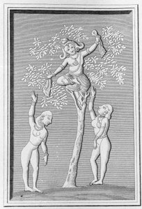 Krishna flyger med två gopis. gravyr i ""Ancient and Modern Monuments of Hindustan"" av L.M. Langles, Paris 1821. av Unknown artist