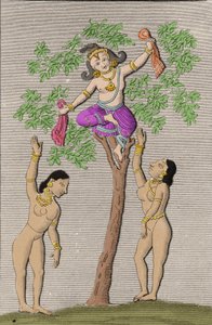 Krishna flyger med två gopis. gravyr i ""Ancient and Modern Monuments of Hindustan"" av L.M. Langles, Paris 1821. av Unknown artist