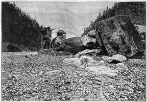La catastrophe de Saint-Gervais (Saint Gervais) eller catastrophe du glacier de la Tete Rousse (departementet Haute-Savoie) (12-13 juli 1892) - Bains de Saint-Gervais efter katastrofen med de enorma blocken som transporterades av strömmen, Gravyr i "" La N av Unknown artist